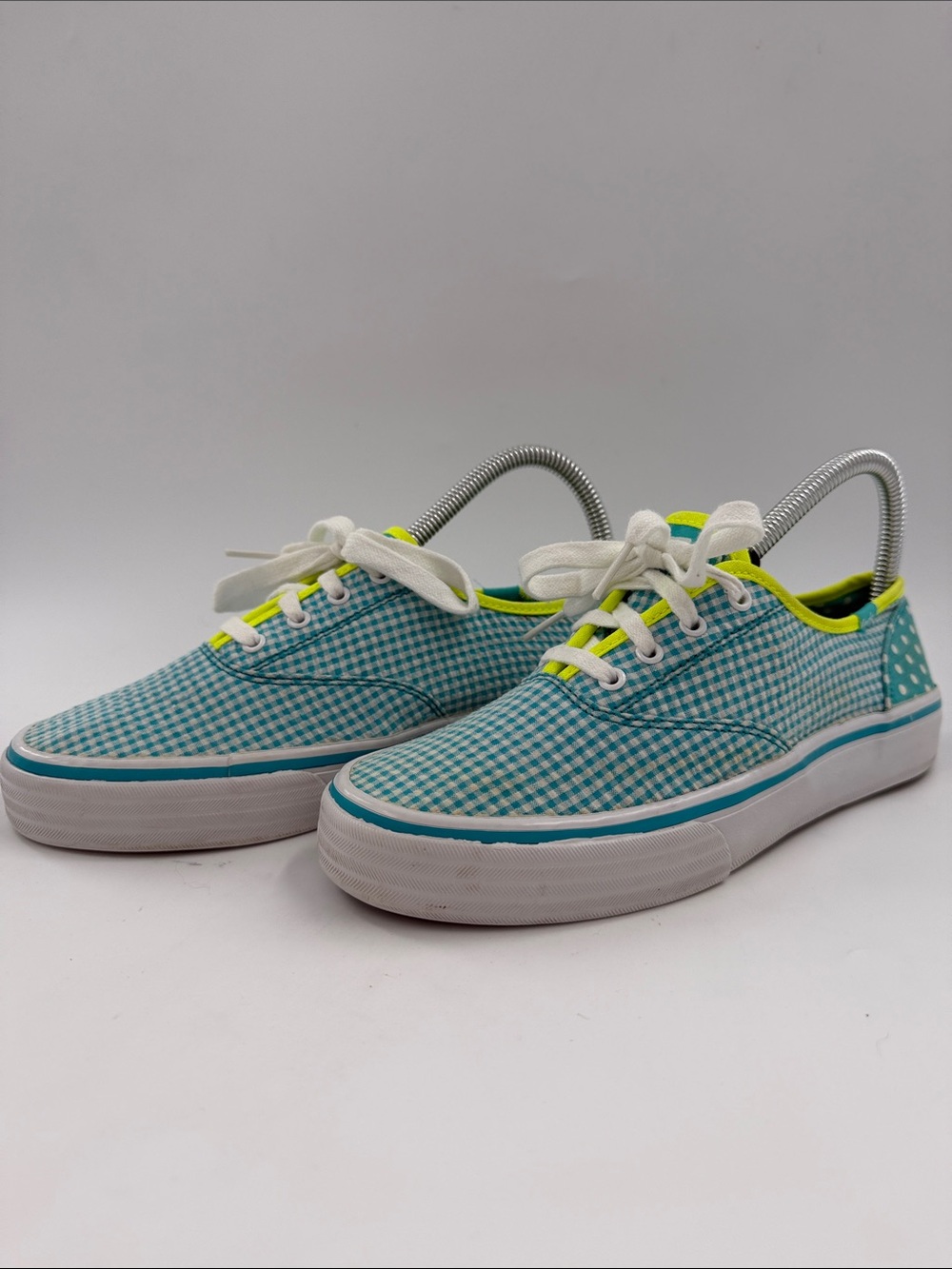 Keds Double Dutch Teal Polka Dot & Gingham Sneakers Neon Lime Trim Women's 6.5 - Picture 8 of 16